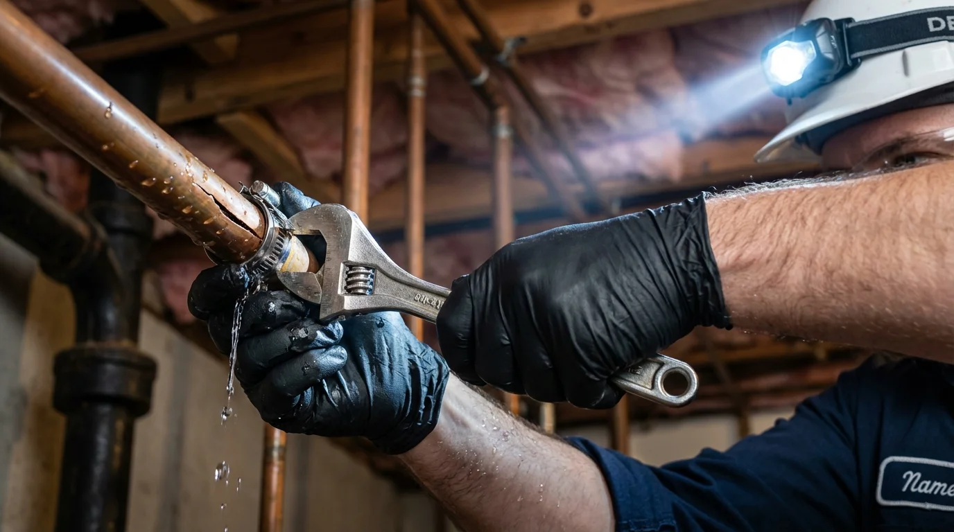 Emergency pipe clamp repair being performed by a Johns Plumbing LLC plumber in Tuba City