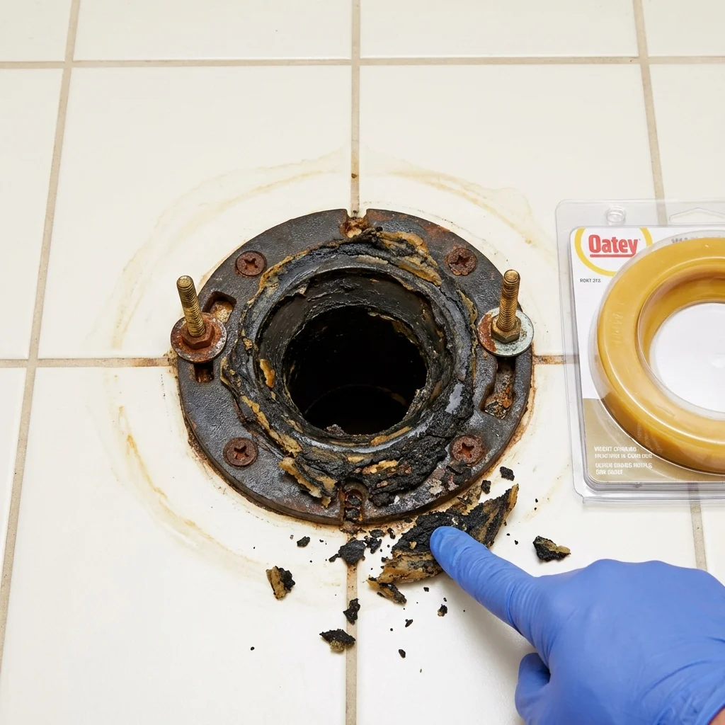 Failed wax ring showing water seepage at the base of a toilet in a Tuba City, AZ home
