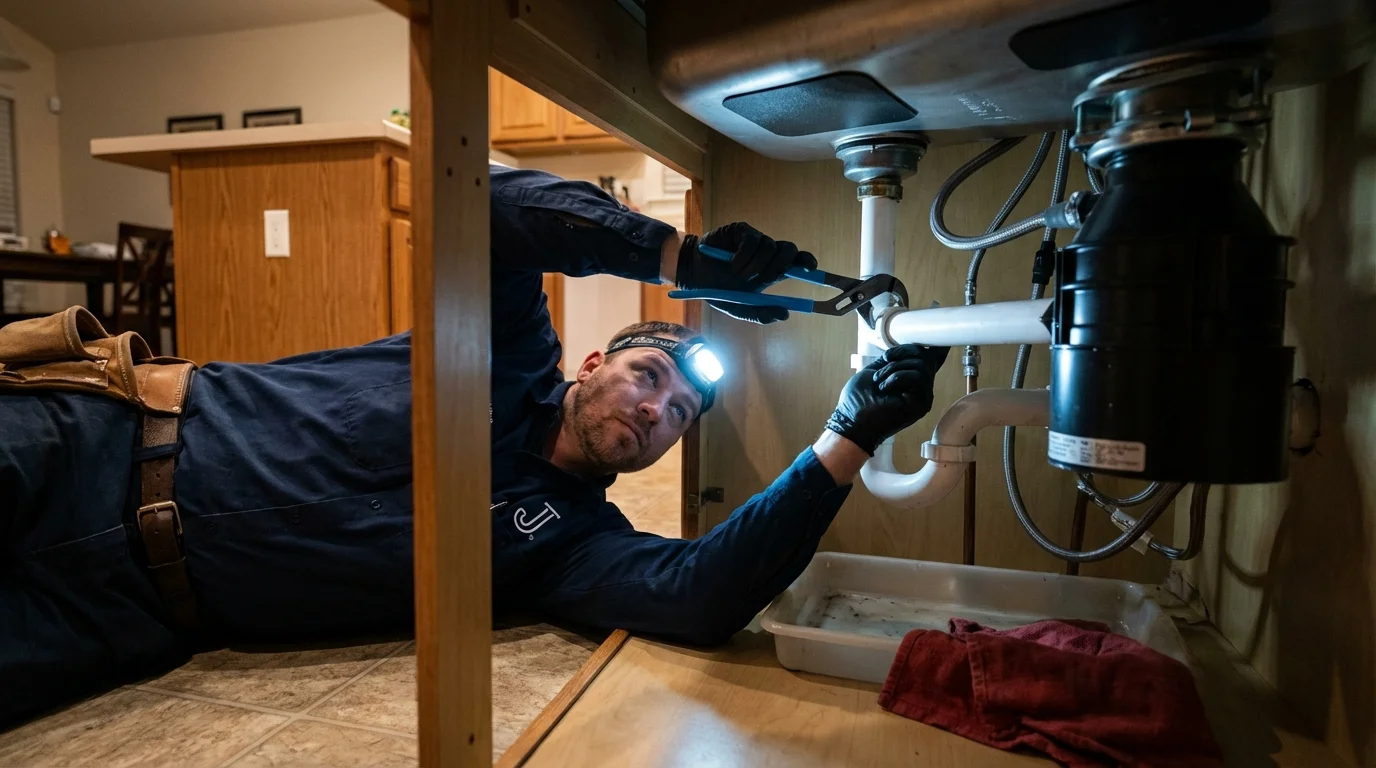 P-trap and supply line connections under a kitchen sink showing a common leak point in Tuba City, AZ